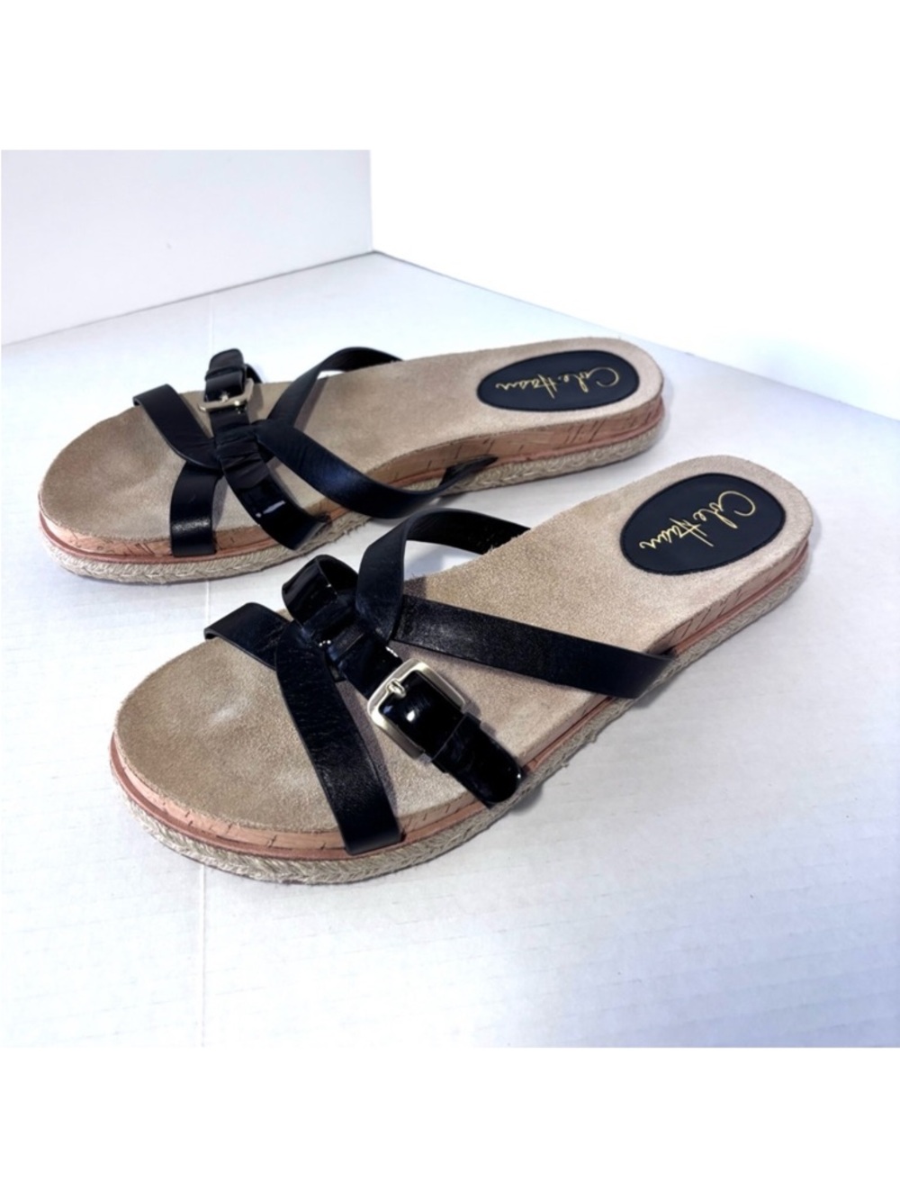 Cole Haan Black Leather Sandals Nike Air Sole Flat Dress Fashion Women’s Sz 9.5